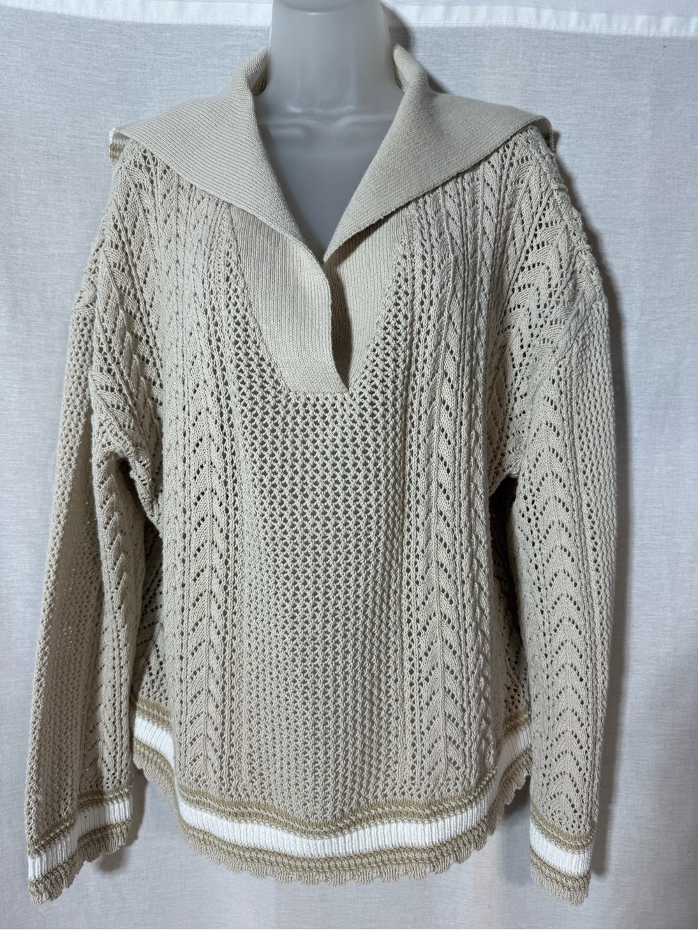 Talbots Beige Open-Knit V-Neck Sweater with Sailor Collar Size XL